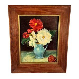 1942 Still Life Floral Oil Painting On Board 8x10 Signed Monique Parmentier